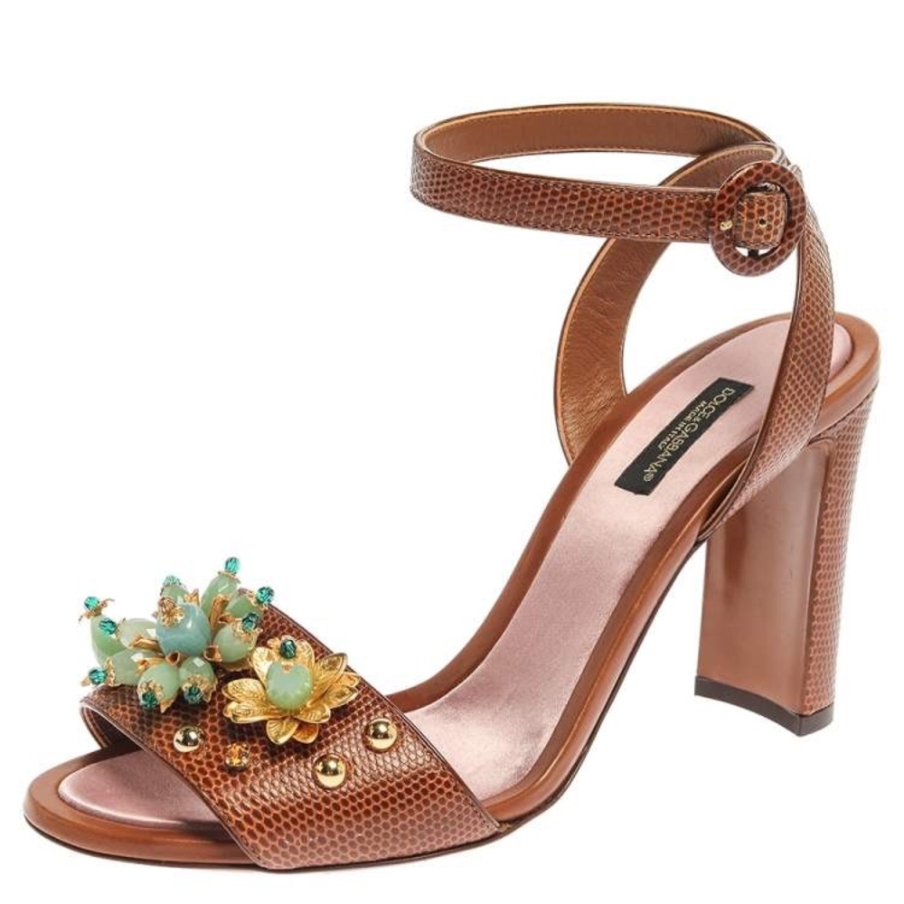 Dolce & Gabbana Tan Lizard Embossed Leather Embellished Sandals Size 38